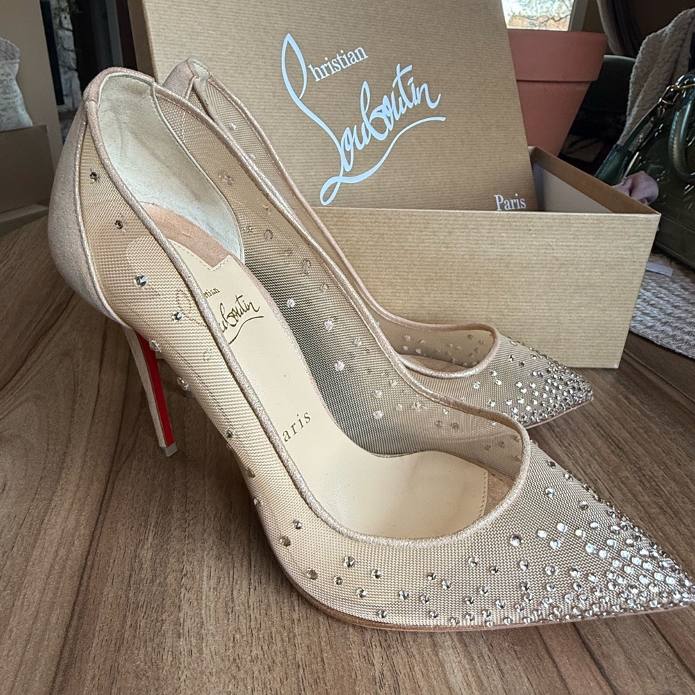 Christian Louboutin Nude Mesh Swarovski Crystal Heels with Red Sole